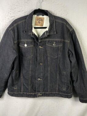 Lada Jacket Mens XL Blue Denim Sherpa Lined Bomber Button Front Western